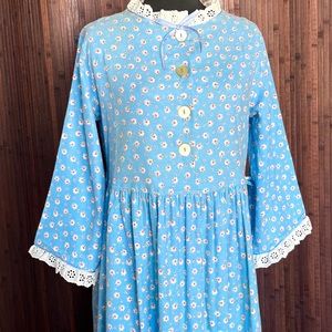 Vintage Nightgown Flannel Nightie 60s 70s Flower Blue Eyelet Lace House Dress
